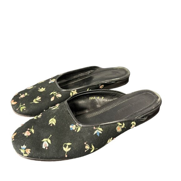 Vtg 90s Chelsea Textiles Floral Embroidered Slip On Mules Black Flats Size 9 - Picture 1 of 8